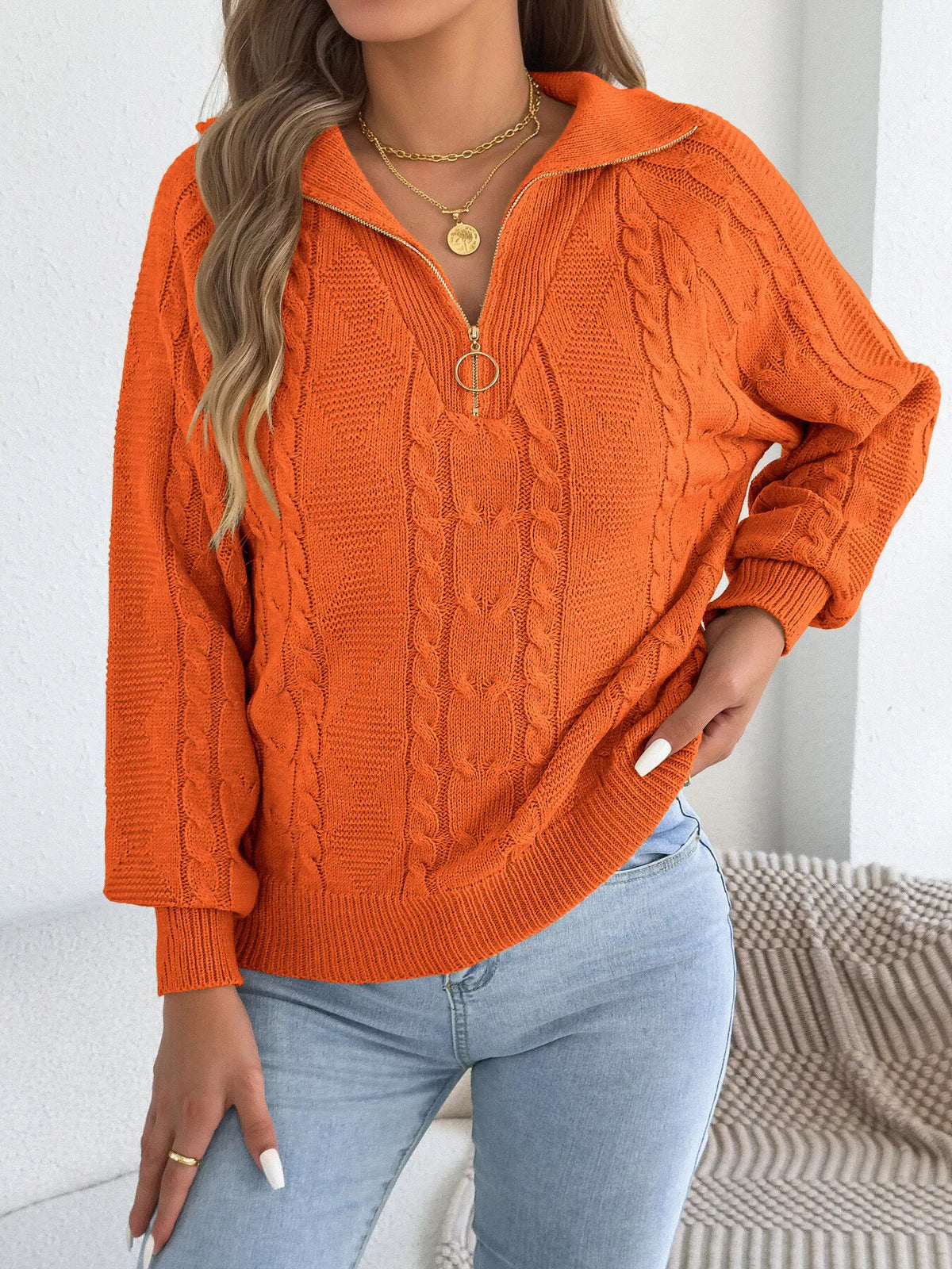 quarter-zip cable knit sweater – cable-knit,zipper | dropsona - neutral - material texture
