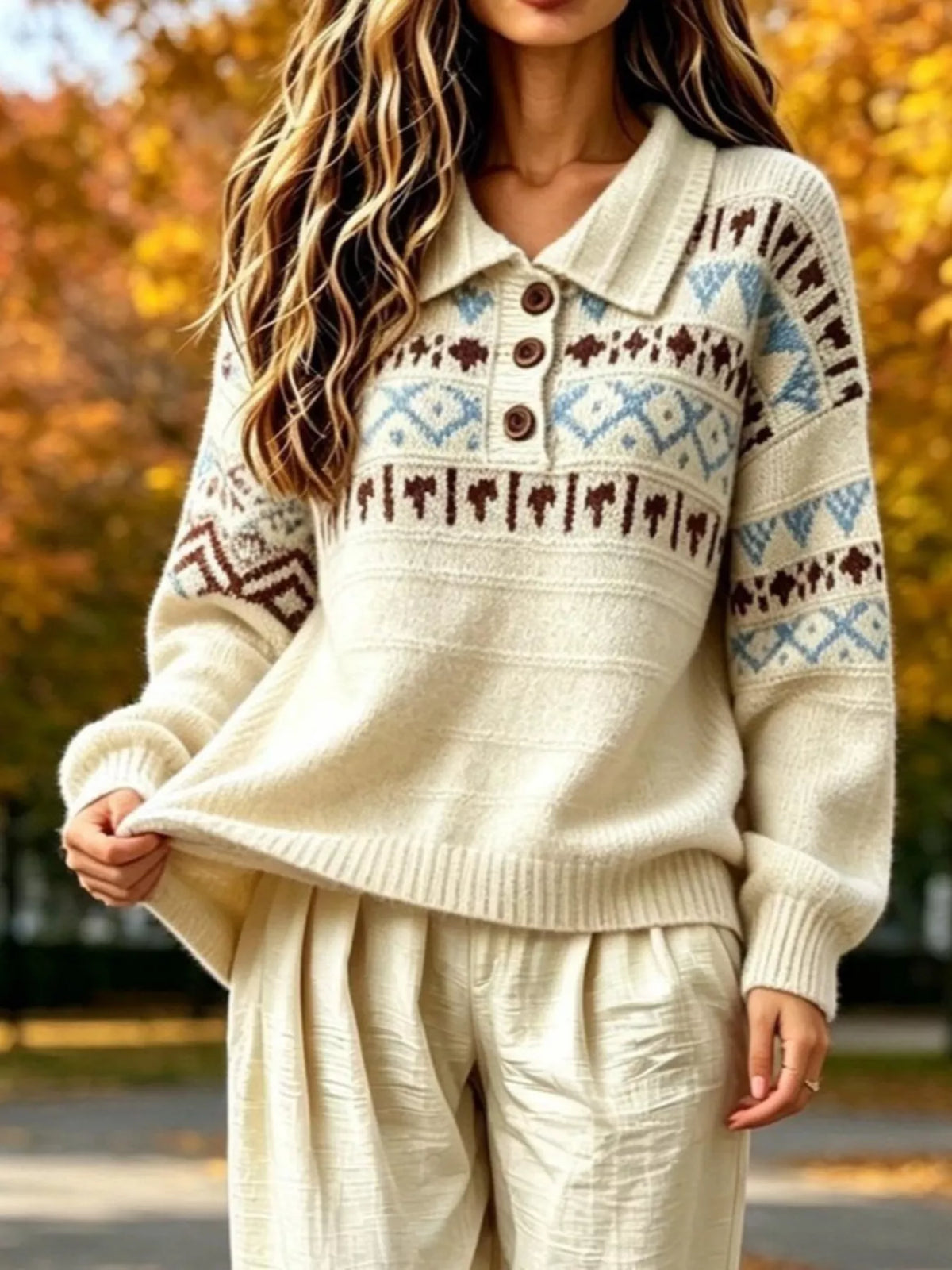 full size vintage fair isle pattern polo collar | dropsona - neutral - close-up detail