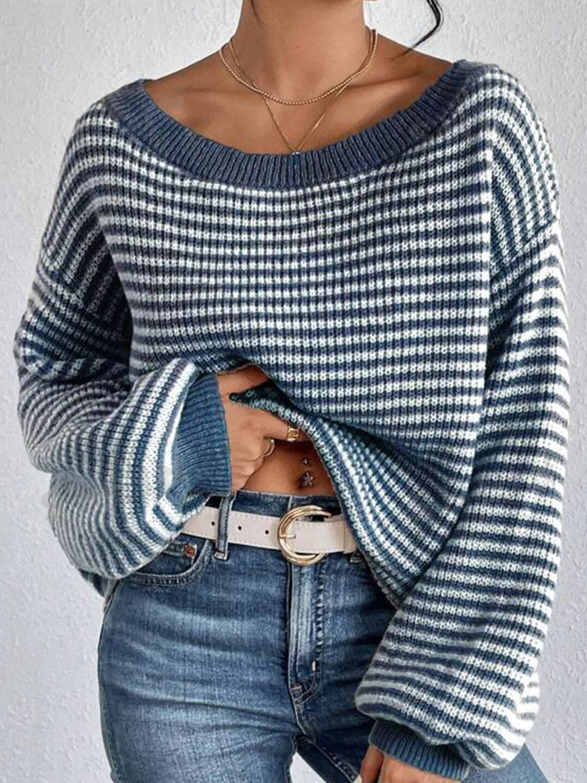 striped knit boat neck sweater – oversized,ribbed fit | dropsona - neutral - packaging