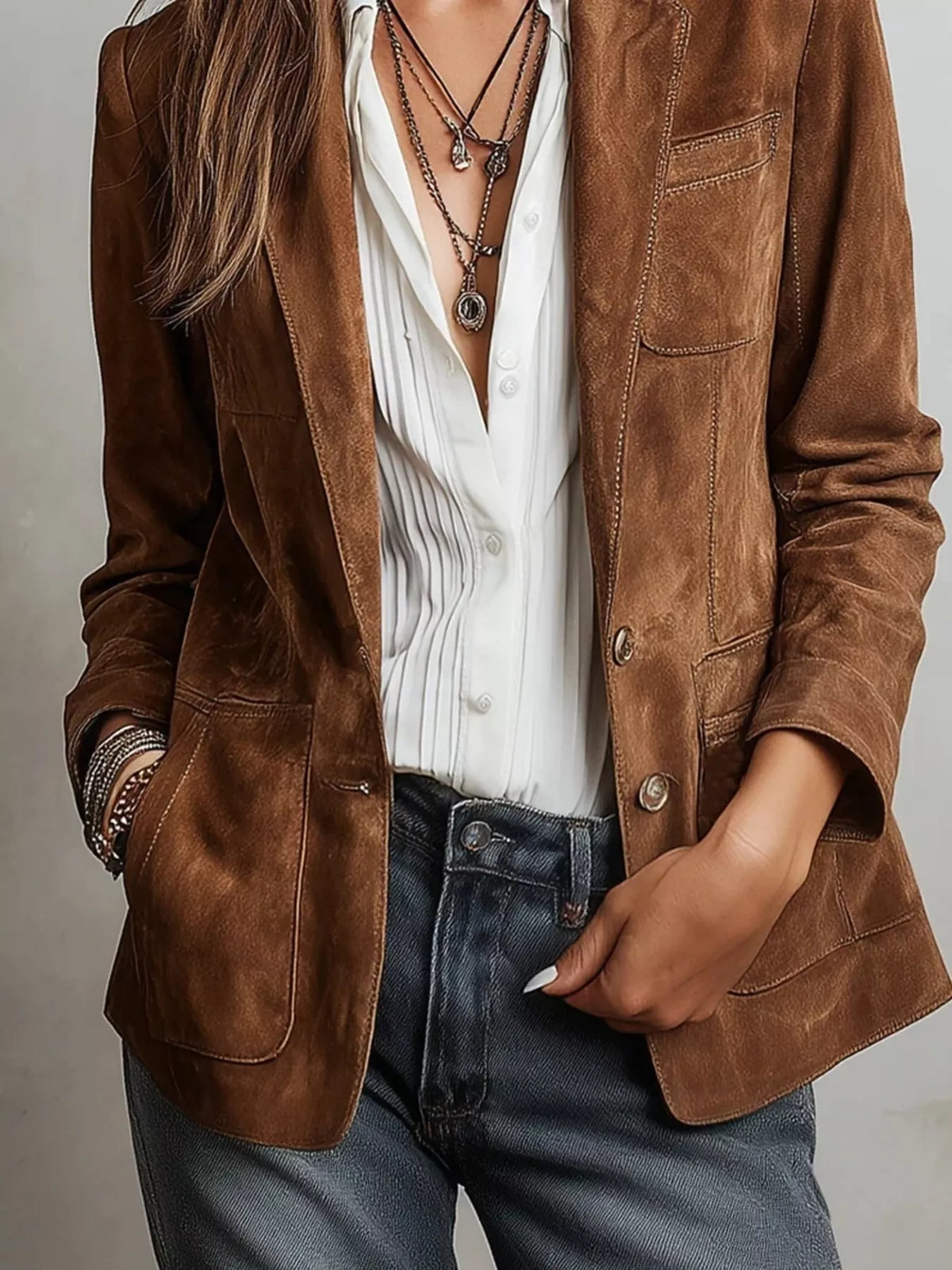 full size lapel collar button up blazer plus | dropsona - neutral - usage example