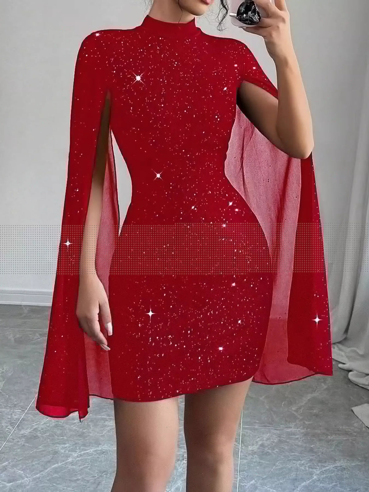 glitter mock neck cape-sleeve bodycon mini dress | dropsona - neutral - packaging