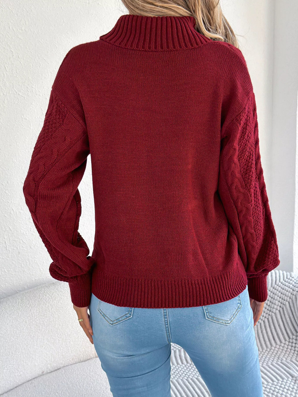 cable knit turtleneck sweater – basic style | dropsona - neutral - front view