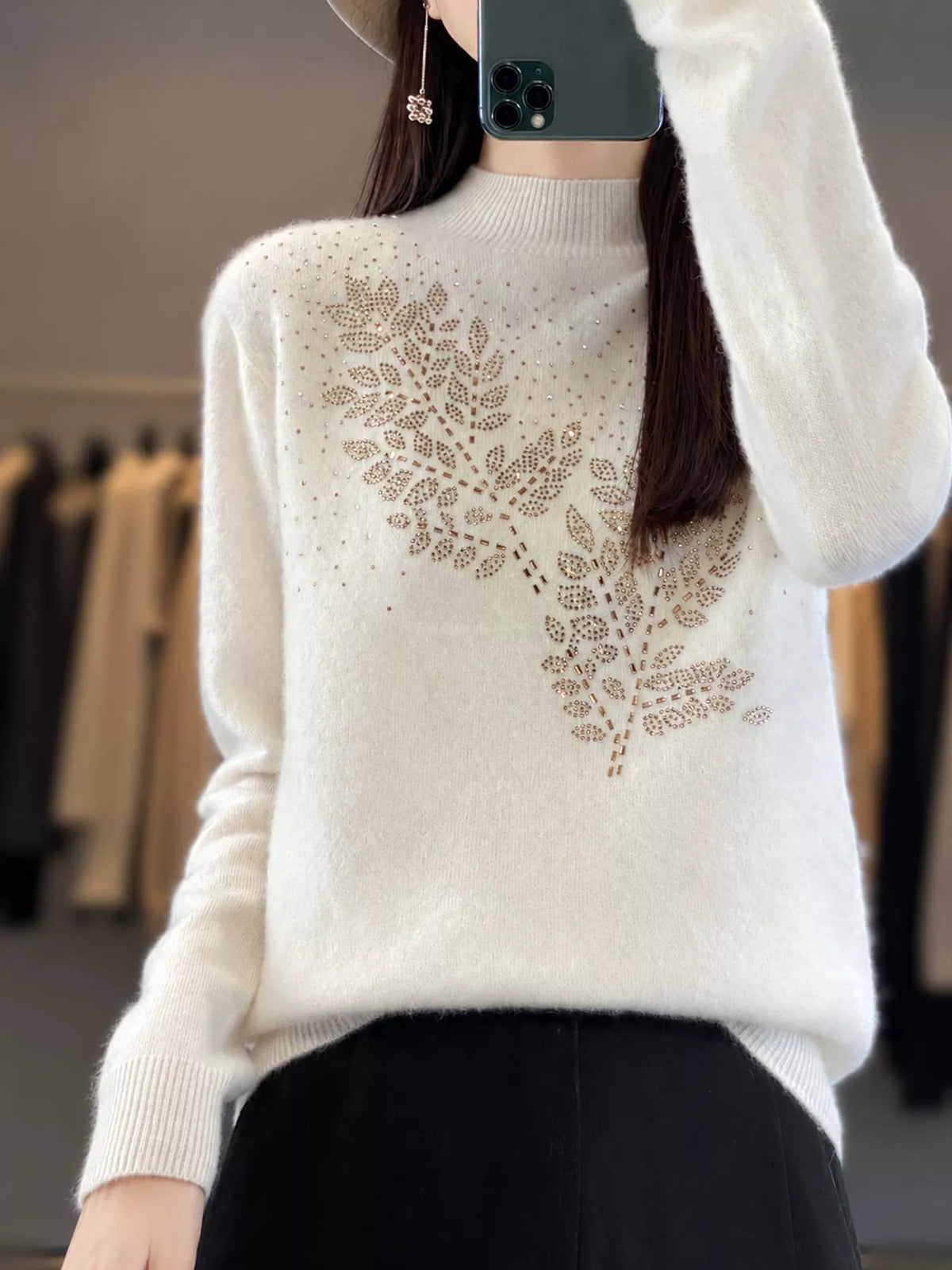 rhinestone leaf mock neck sweater | dropsona polyester - neutral - material texture