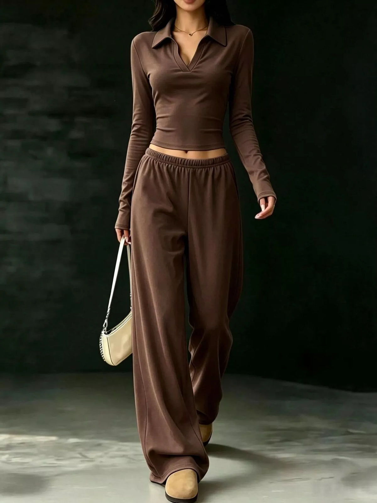 long-sleeve polo top and wide-leg pants set | dropsona - neutral - usage example