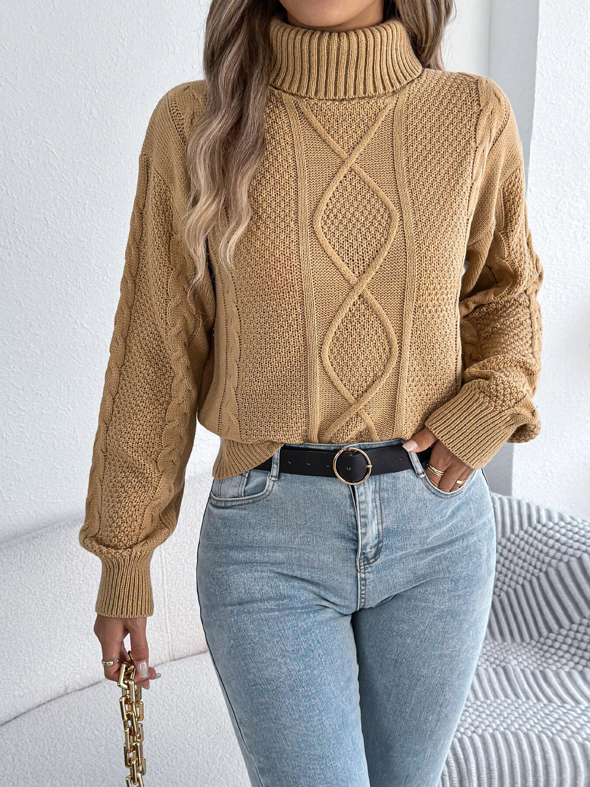 cable knit turtleneck sweater – basic style | dropsona - neutral - size reference