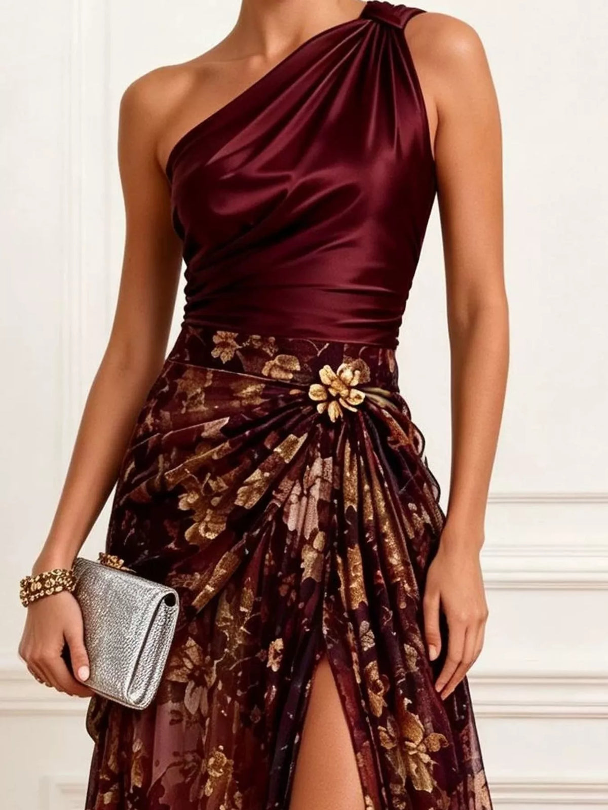 elegant one-shoulder floral print high-slit evening | dropsona - neutral - packaging