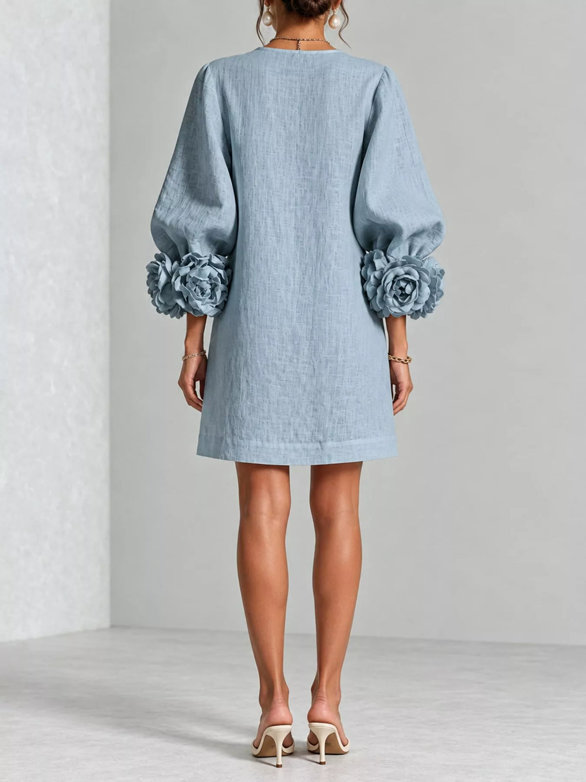 full size 3d floral sleeve accents mini dress plus | dropsona - neutral - close-up detail