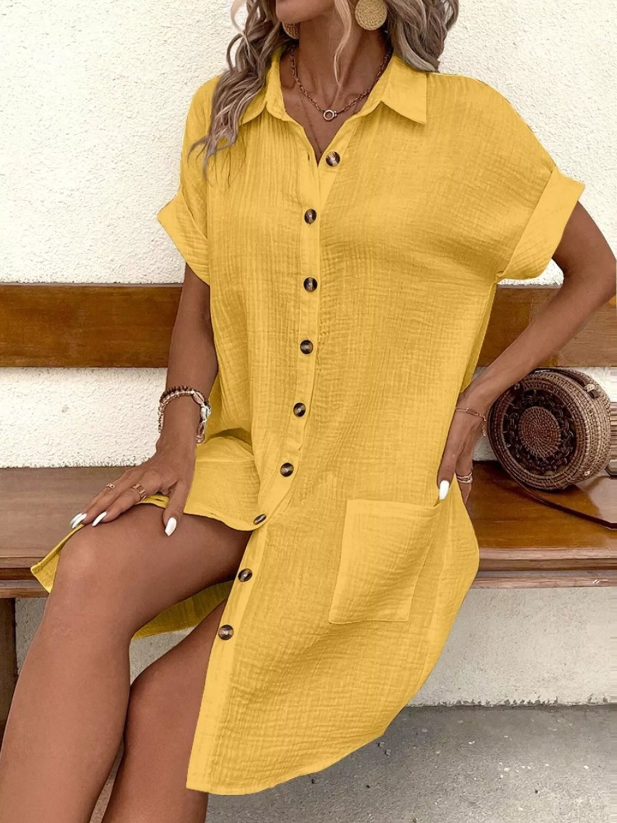 full size button-down textured shirt dress with | dropsona - neutral - material texture