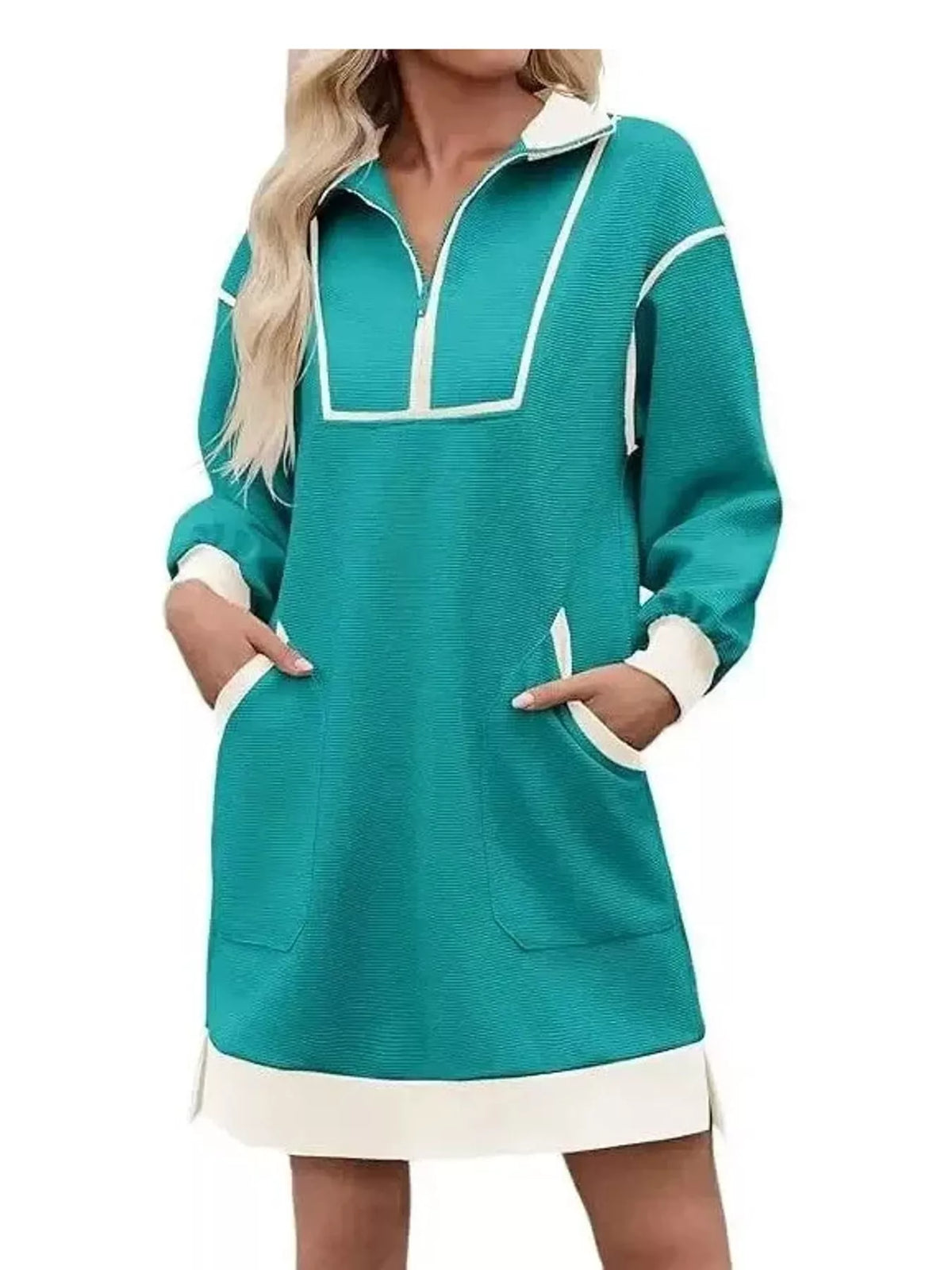 color block quarter-zip sweatshirt dress | dropsona - neutral - front view
