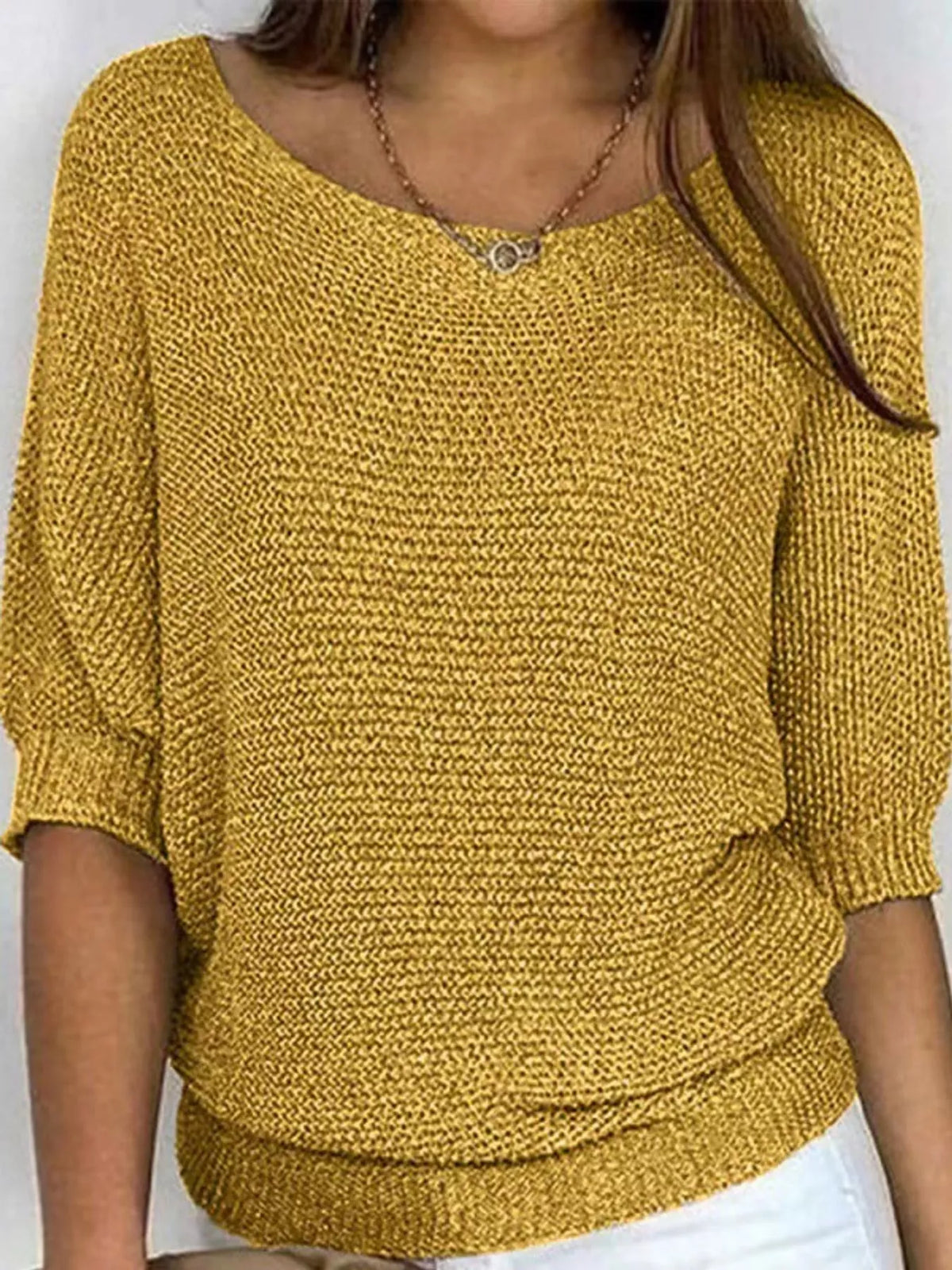 full size boat neck 3/4 sleeve sweater plus | dropsona - neutral - front view