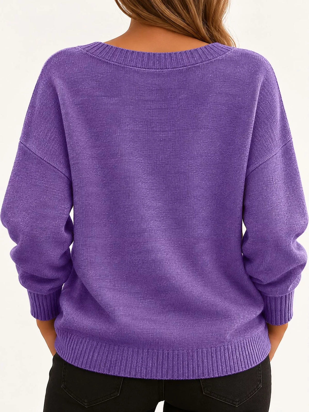 full size v-neck dropped shoulder sweater plus | dropsona - neutral - close-up detail