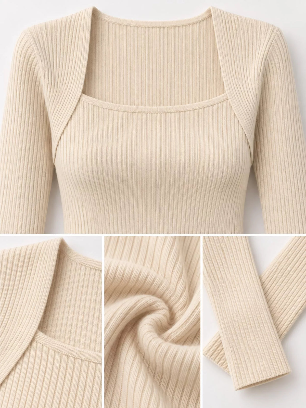 square neck ribbed knit slim-fit top | dropsona - neutral - front view