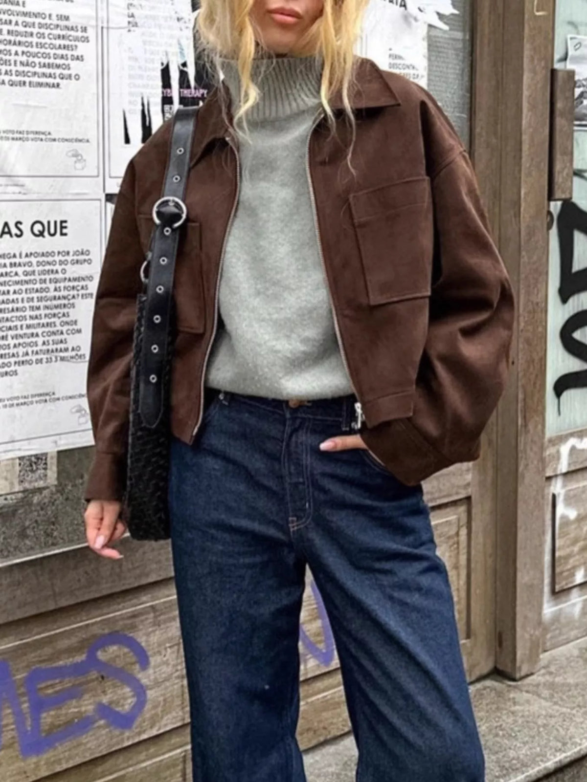 suede utility jacket with front pockets | dropsona - neutral - everyday use