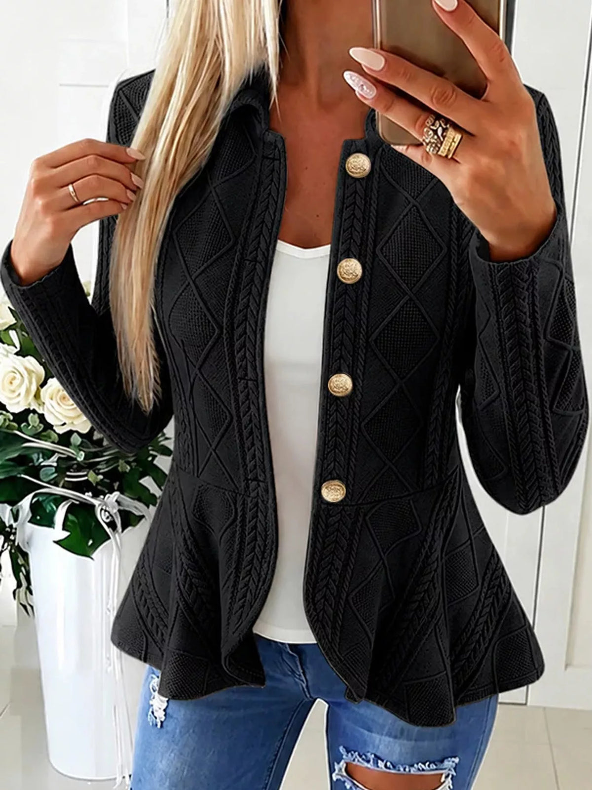 cable-knit button up cardigan | dropsona polyester 100% - neutral - front view
