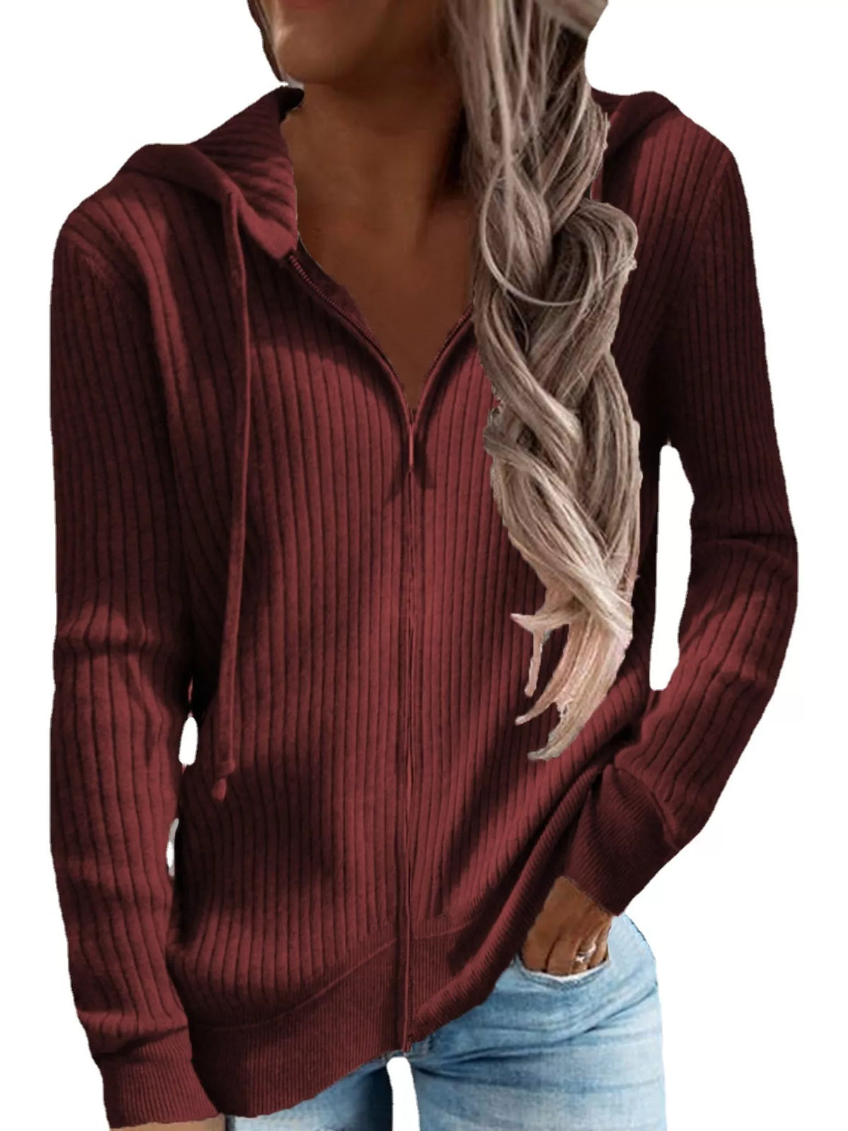 full size ribbed knit zip-up hooded cardigan plus | dropsona - neutral - packaging