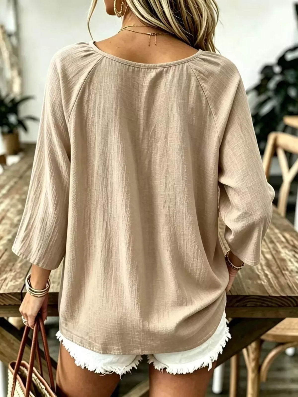 full size textured v-neck casual t-shirt plus | dropsona - neutral - close-up detail
