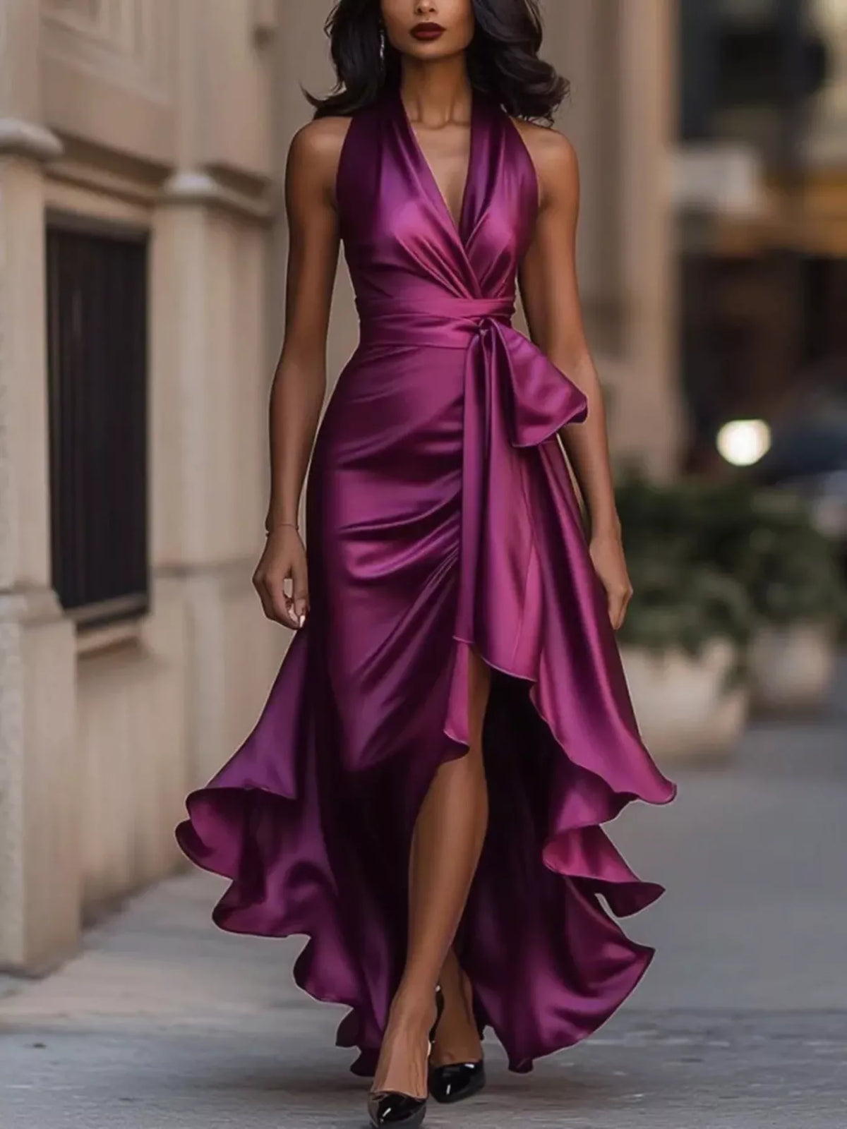 full size high-low ruffled satin maxi dress plus | dropsona - neutral - usage example