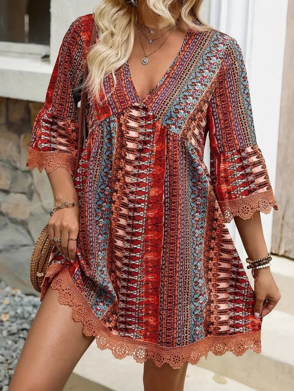 lace trim printed v-neck 3/4 sleeve dress - material texture