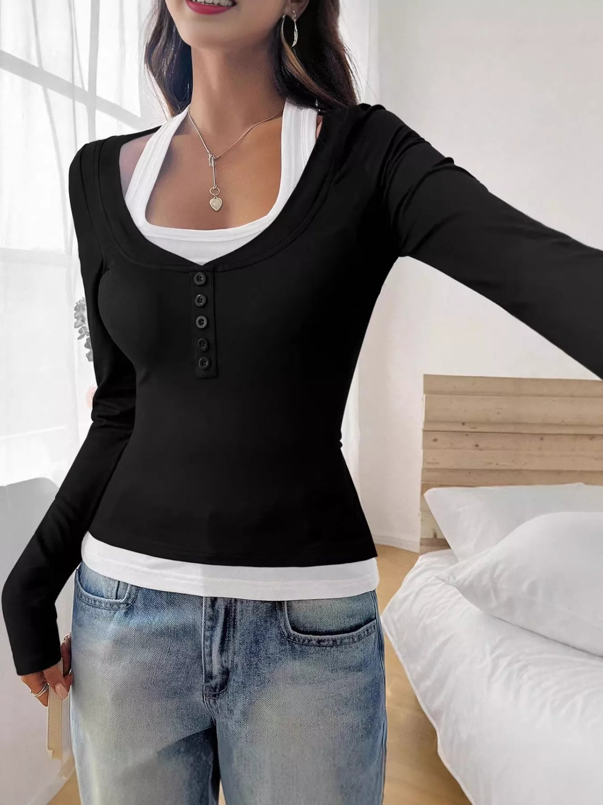 layered look long sleeve t-shirt | dropsona polyester - neutral - everyday use