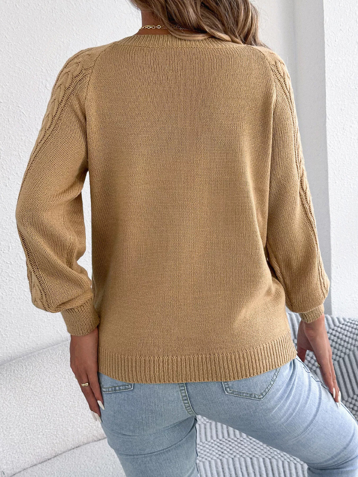 cable knit button-front cardigan – cable-knit,buttoned | dropsona - neutral - usage example