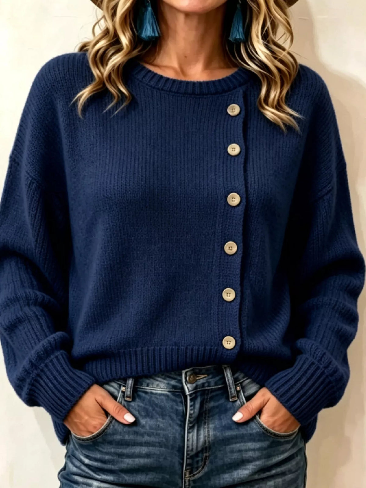 decorative button dropped shoulder sweater – buttoned | dropsona - neutral - close-up detail