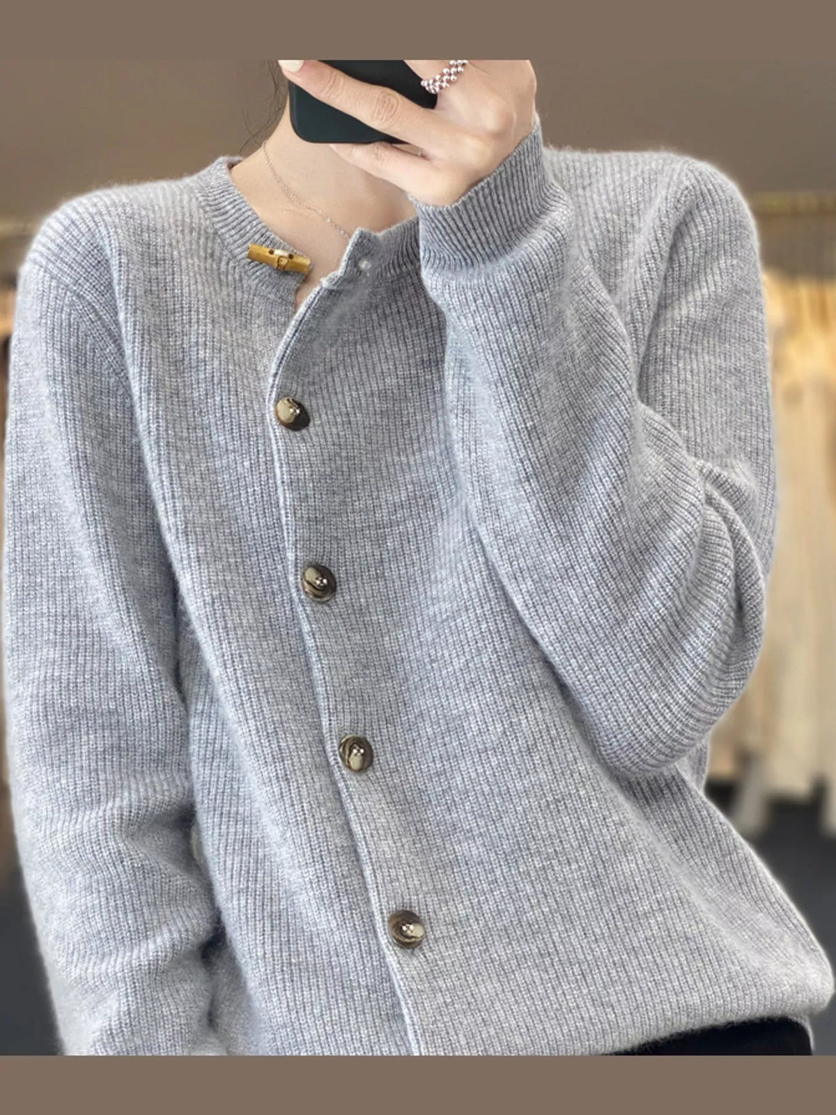 ribbed knit asymmetrical button cardigan | dropsona - neutral - size reference