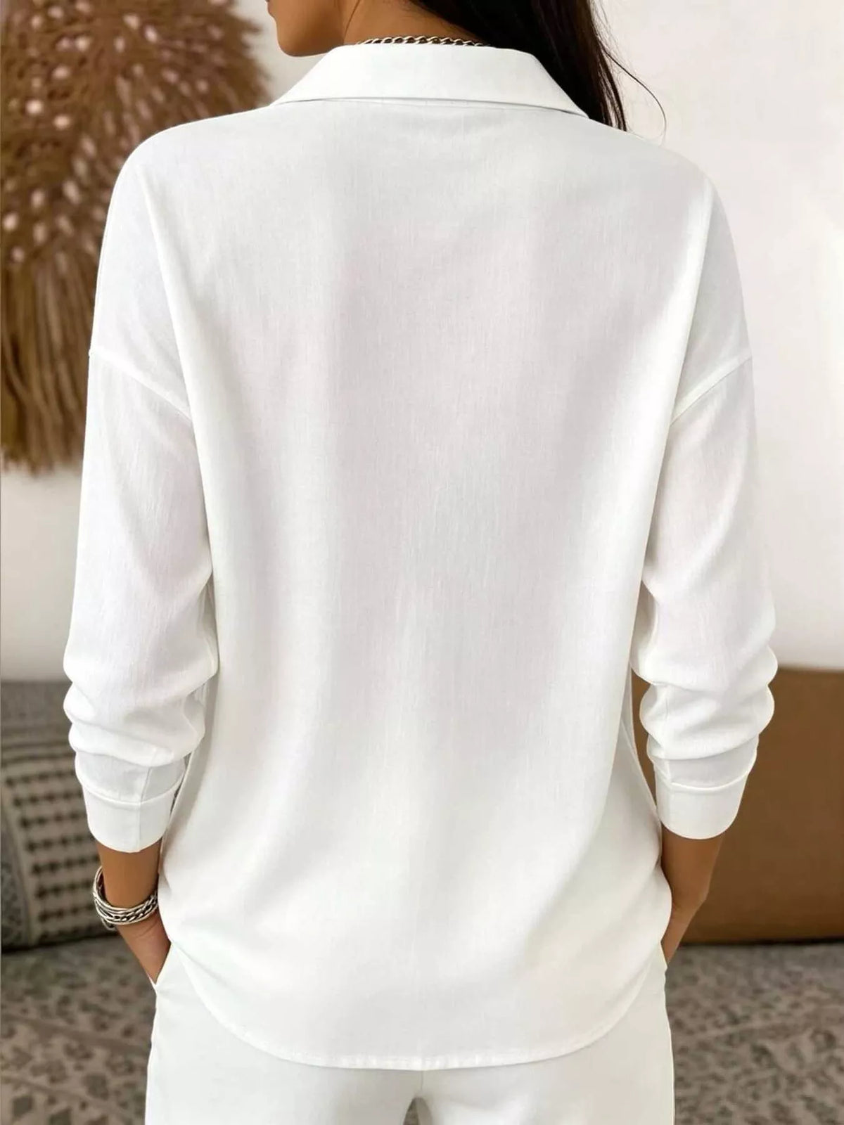 waffle knit snap down blouse – buttoned | dropsona - neutral - front view
