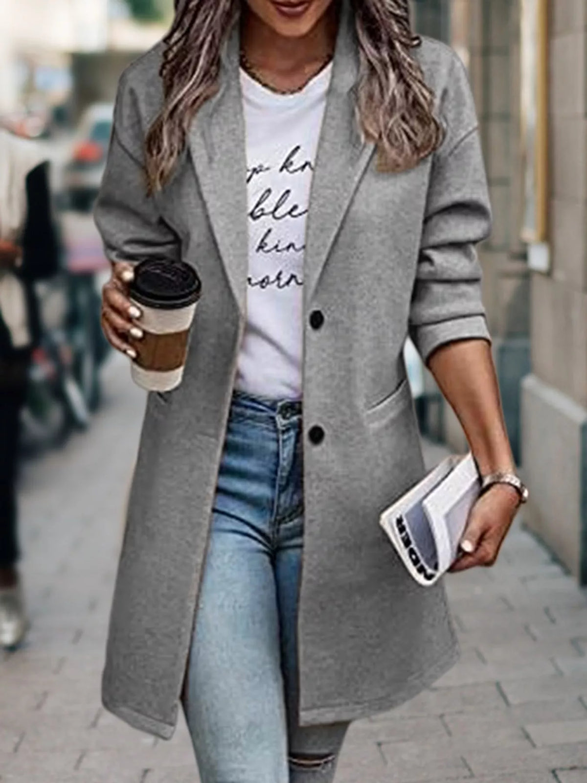 full size lapel collar button up coat plus | dropsona - neutral - usage example