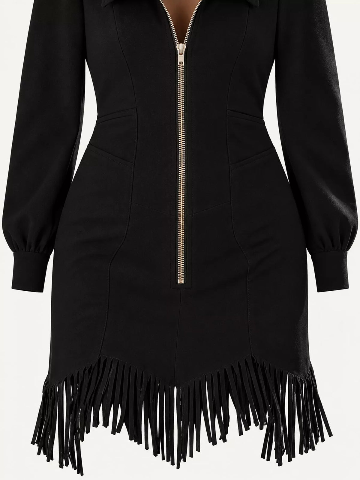 zip-front long sleeve fringe hem mini dress | dropsona - neutral - size reference