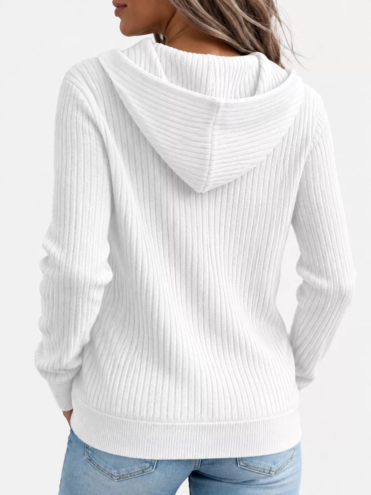 full size ribbed knit zip-up hooded cardigan plus | dropsona - neutral - close-up detail