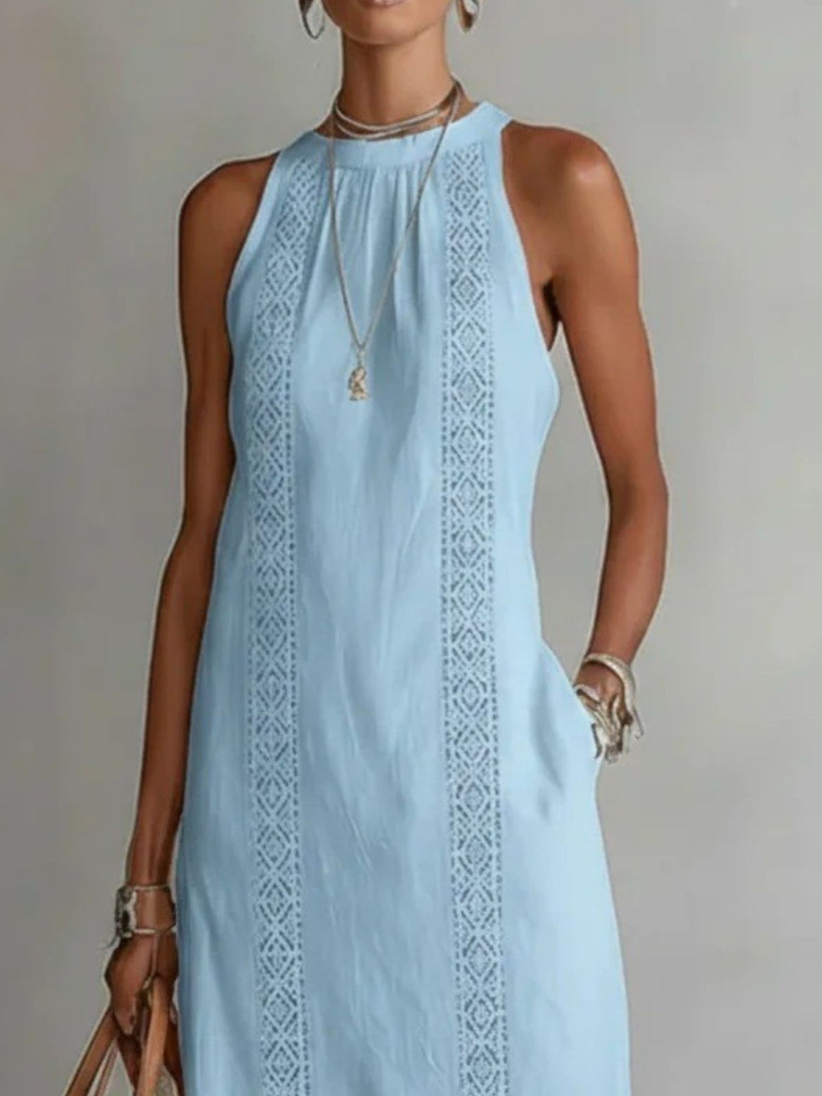 side slit sleeveless hollow-out trimmed midi dress | dropsona - neutral - size reference