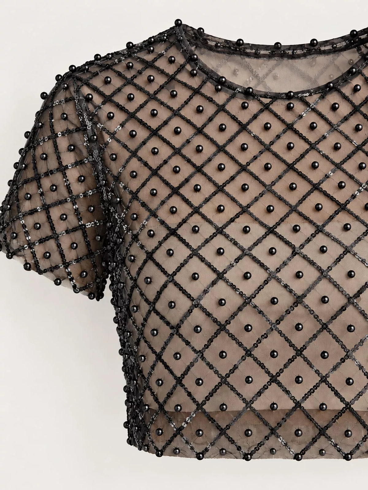 sheer mesh pearl embellished crop blouse | dropsona - neutral - front view