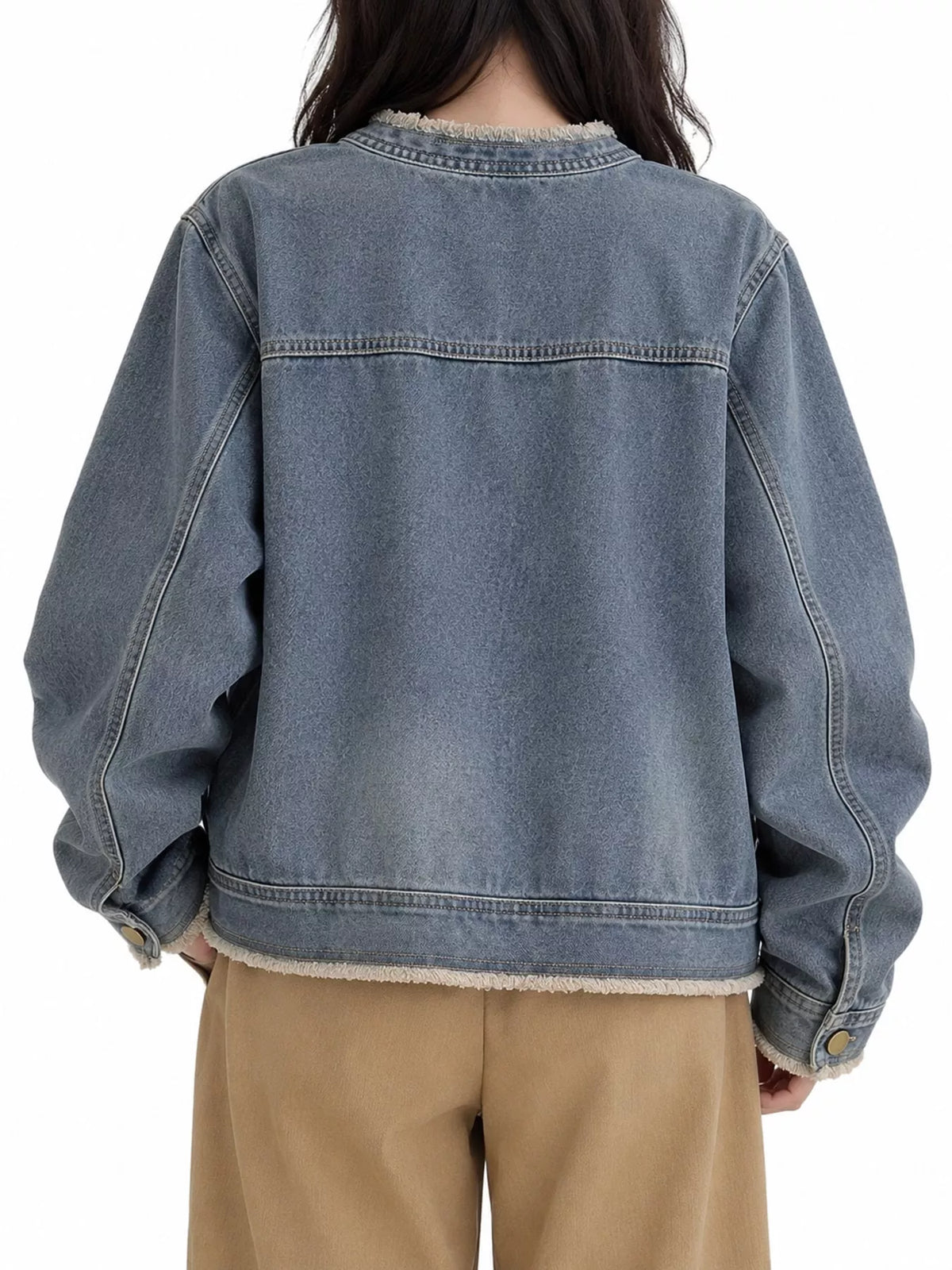 distressed frayed-edge denim jacket with utility | dropsona - neutral - close-up detail