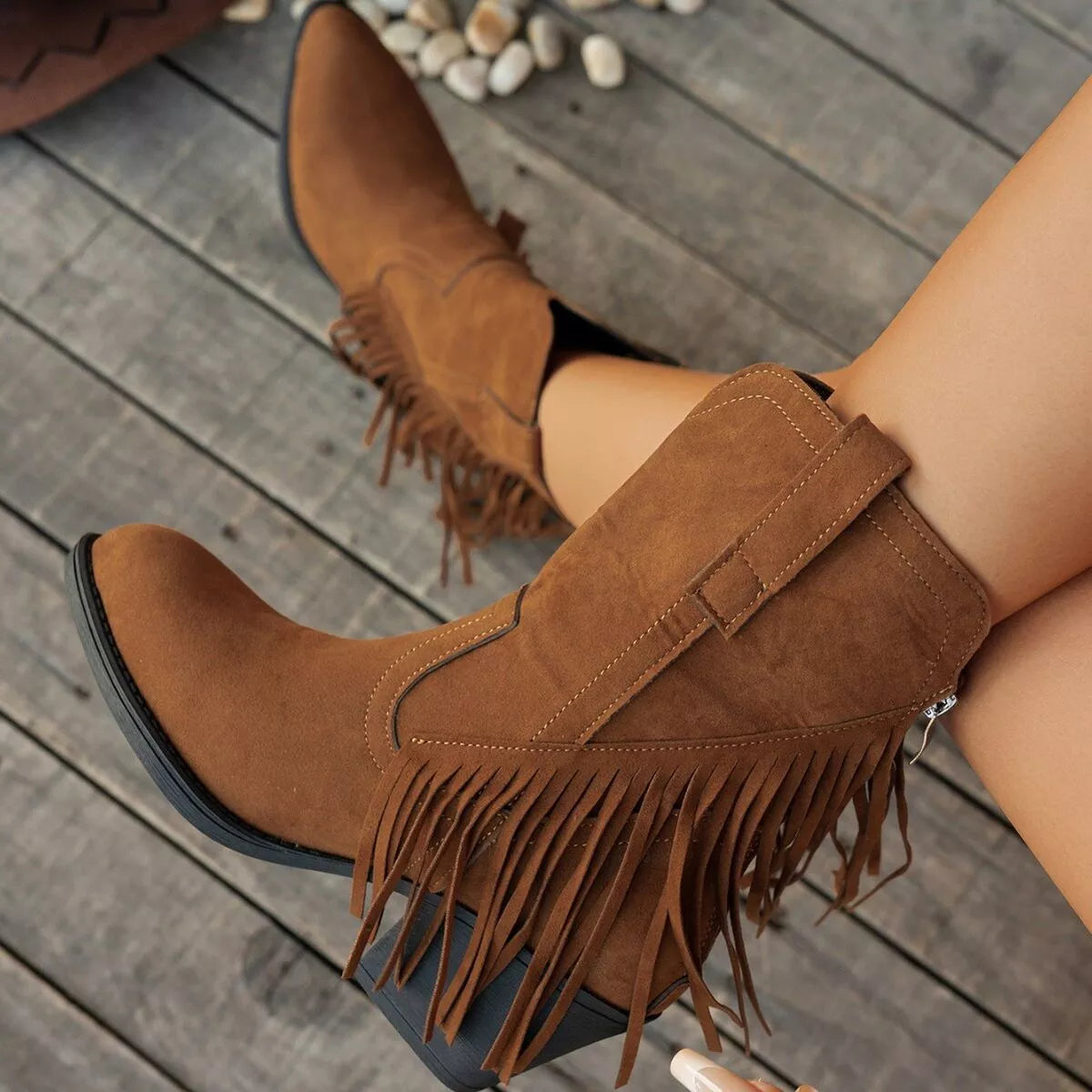 fringe block heel ankle boots – dear monkey | dropsona - neutral - close-up detail