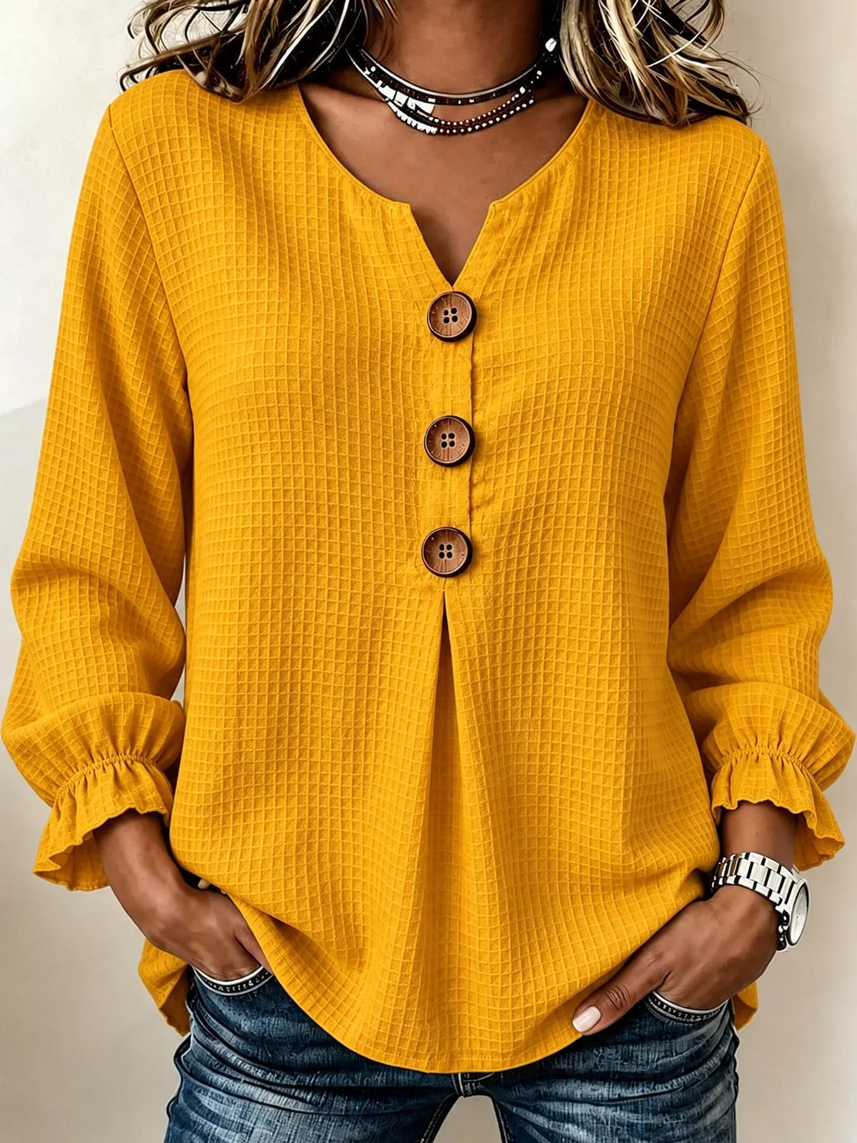 full size waffle knit flounce sleeve blouse plus | dropsona - neutral - front view