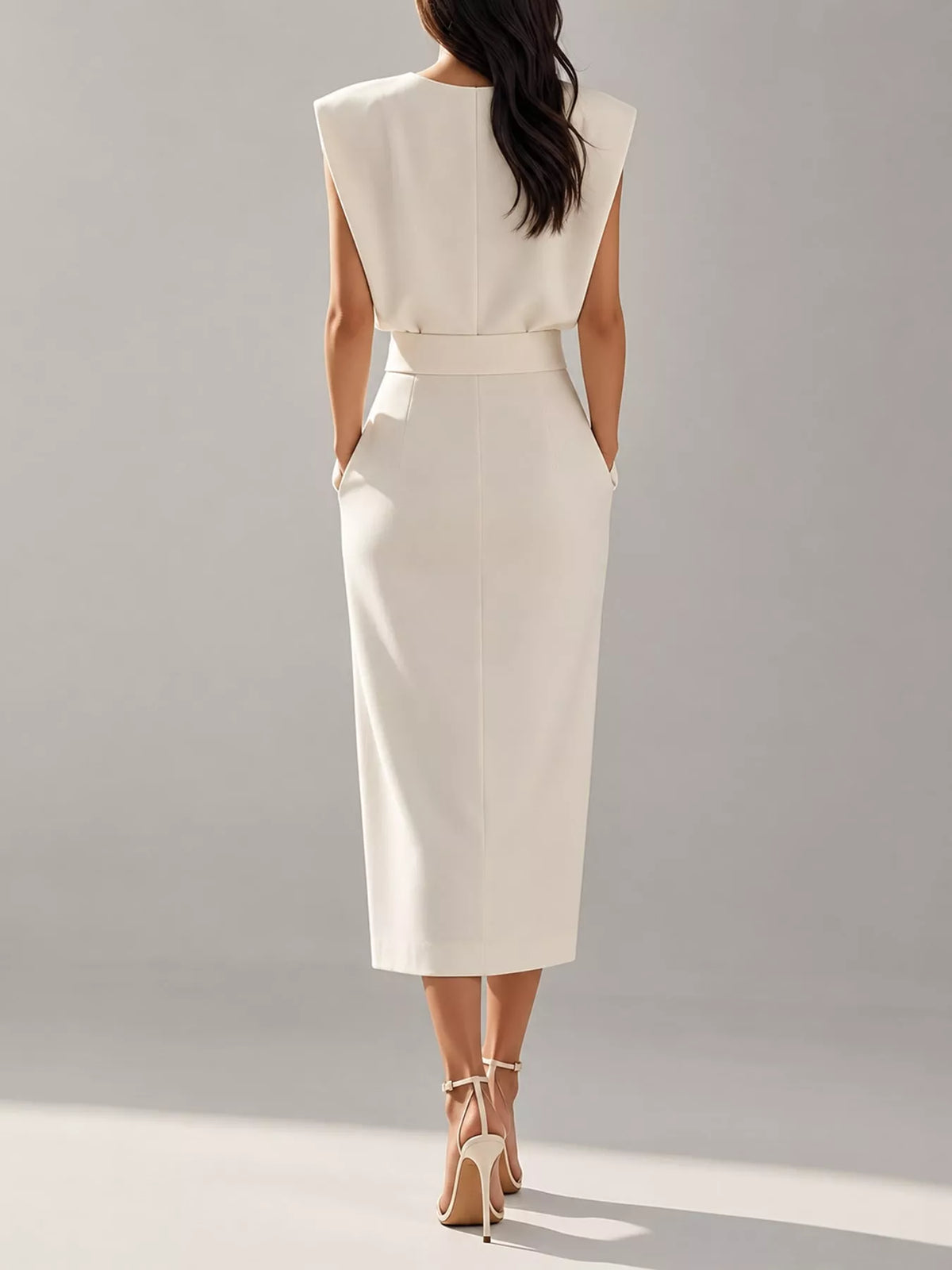 sleeveless midi dress with gold button detail and | dropsona - neutral - size reference