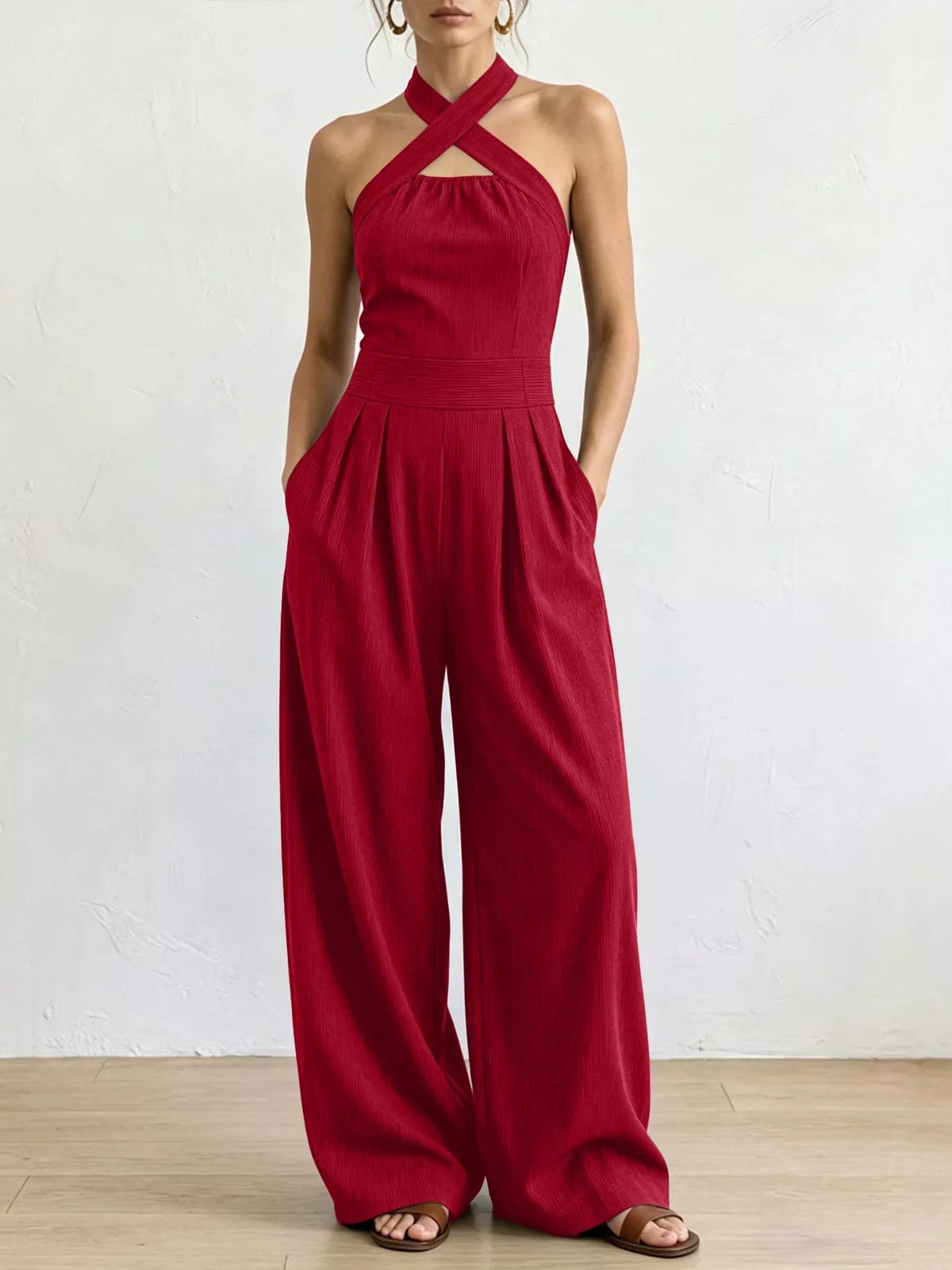 full size halter neck wide-leg jumpsuit plus | dropsona - neutral - material texture