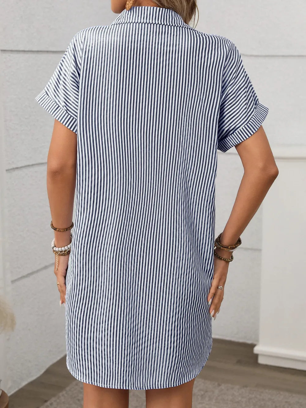 striped button down short sleeve mini dress - front view