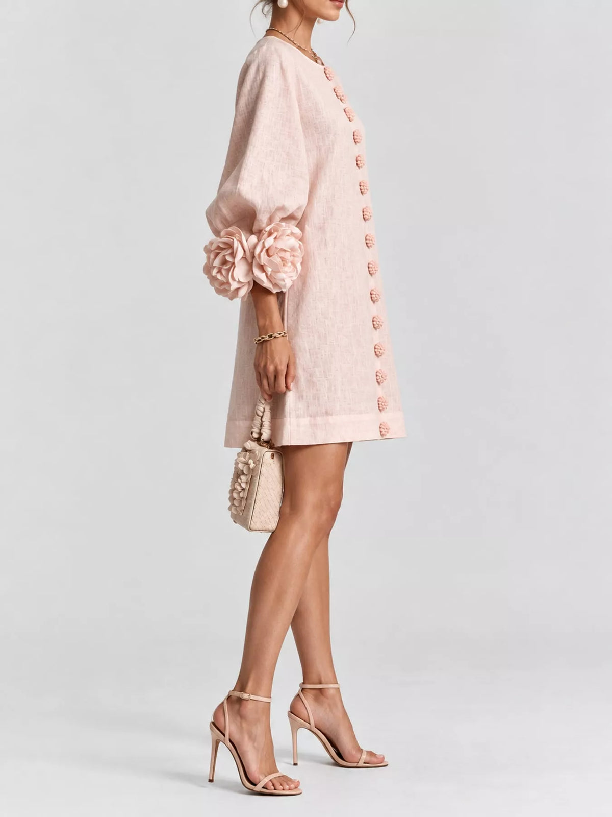 full size 3d floral sleeve accents mini dress plus | dropsona - neutral - front view