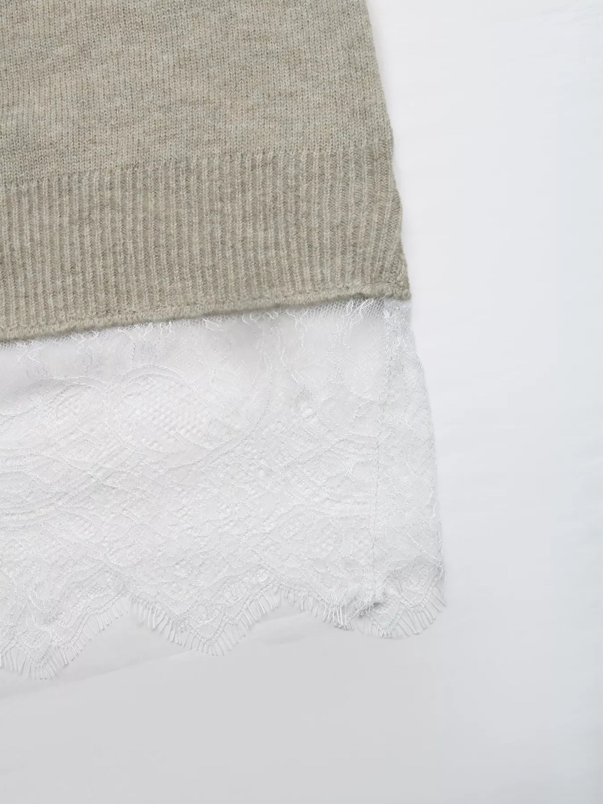 layered lace hem crew neck sweater – detail | dropsona - neutral - packaging