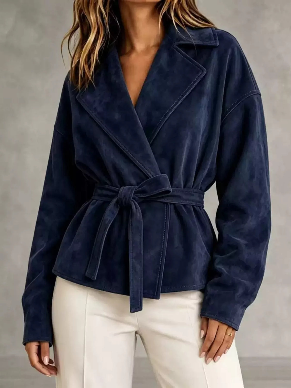 tie-waist lapel collar jacket – yeesh | dropsona - neutral - front view