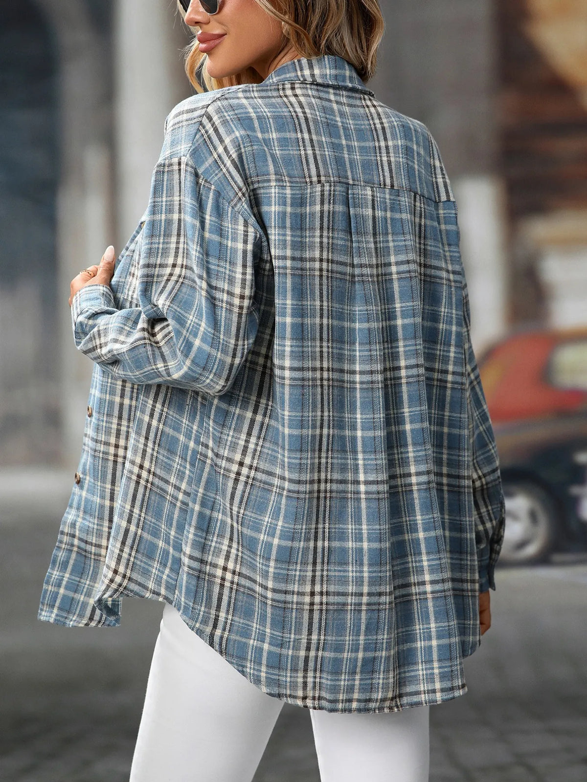 oversized plaid button-up shirt - close-up detail