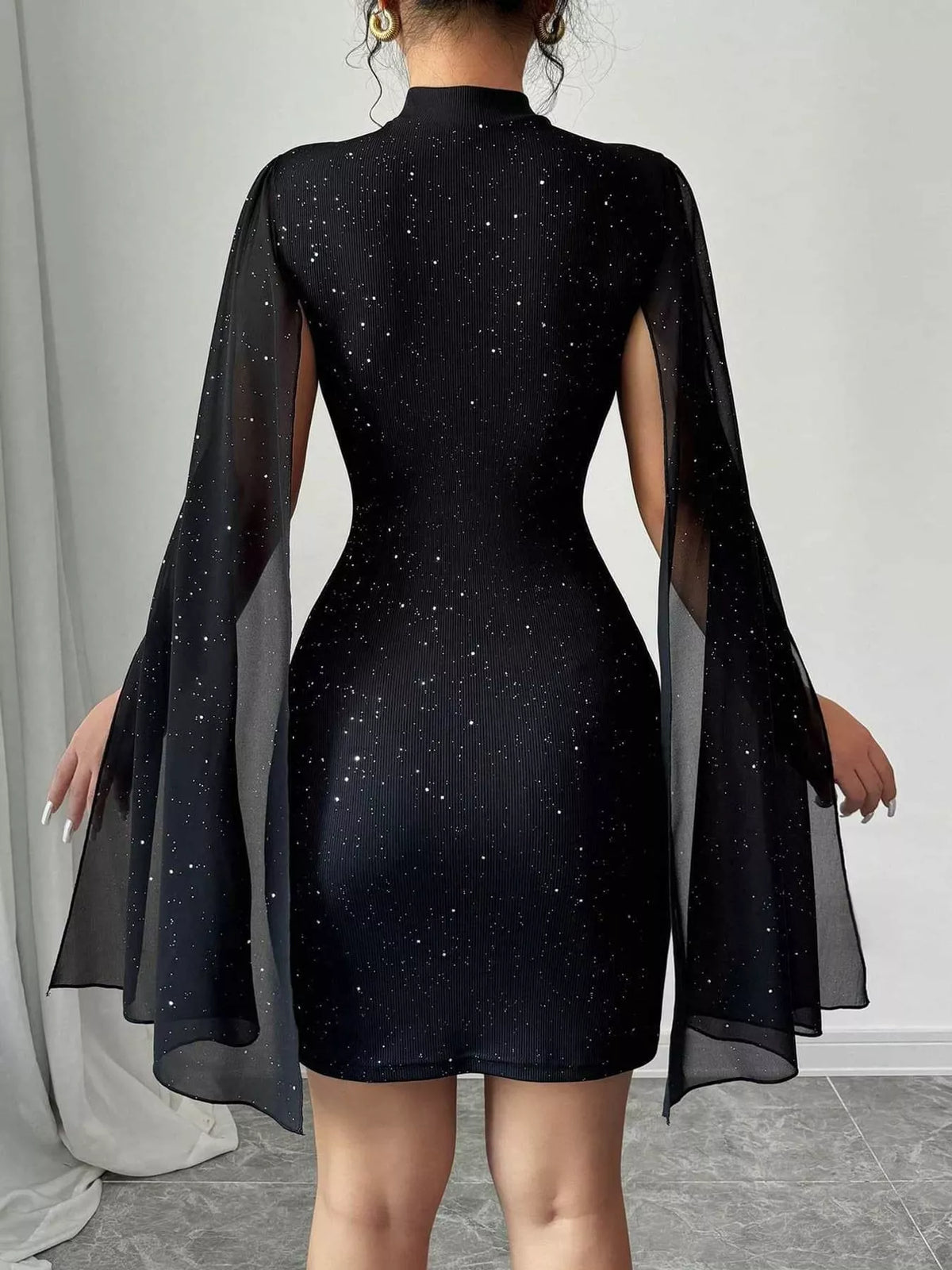 glitter mock neck cape-sleeve bodycon mini dress | dropsona - neutral - material texture