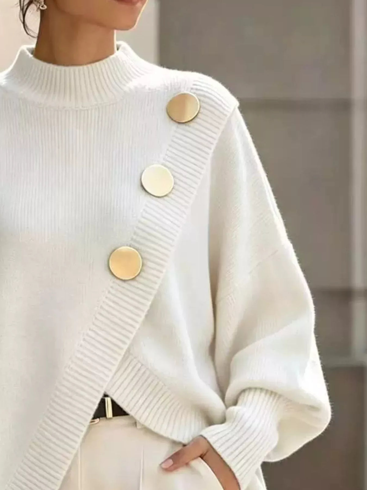asymmetric button-decorated sweater | dropsona - neutral - usage example