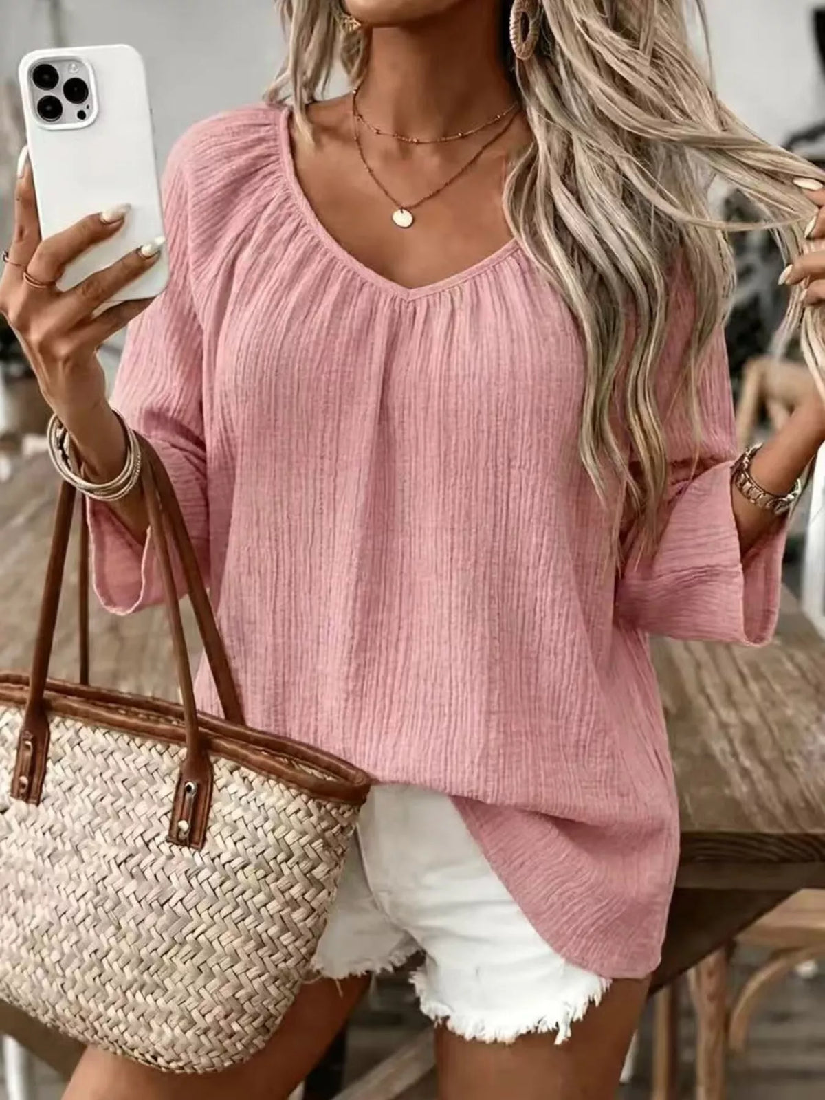 full size textured v-neck casual t-shirt plus | dropsona - neutral - close-up detail