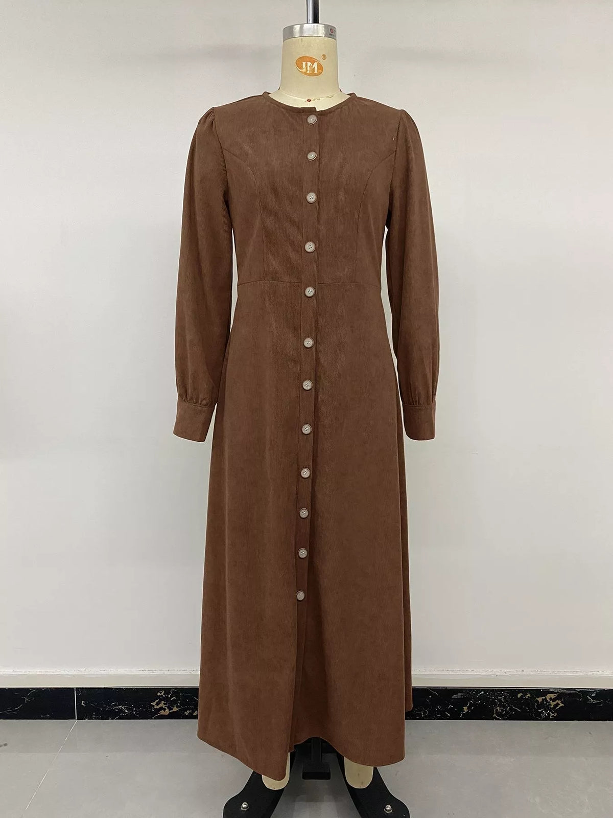 corduroy button-down maxi dress – buttoned,tied,slit | dropsona - neutral - size reference
