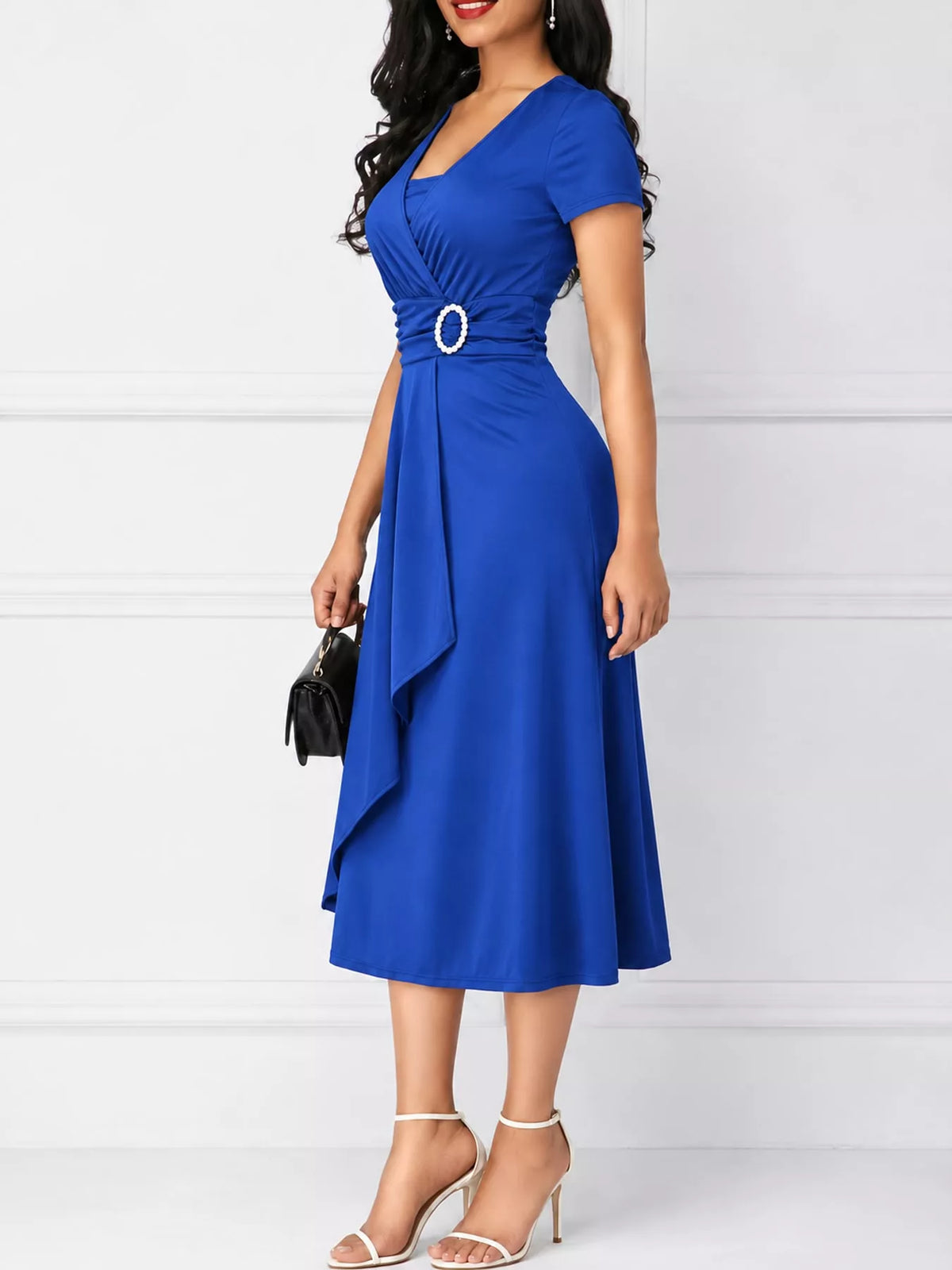 full size decorative buckle short sleeve dress plus | dropsona - neutral - material texture
