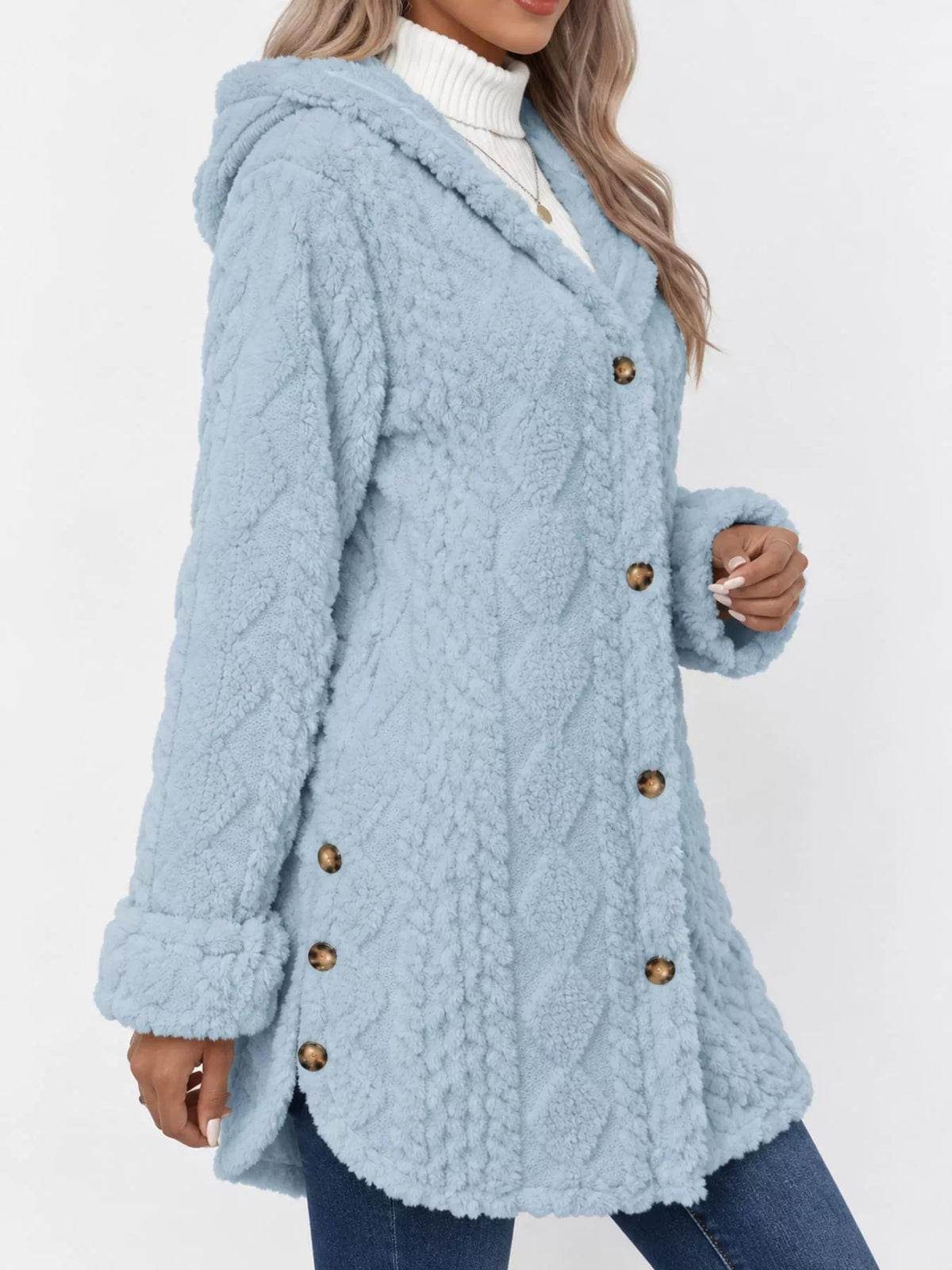 full size cozy cable-knit faux fur hooded outerwear | dropsona - neutral - usage example