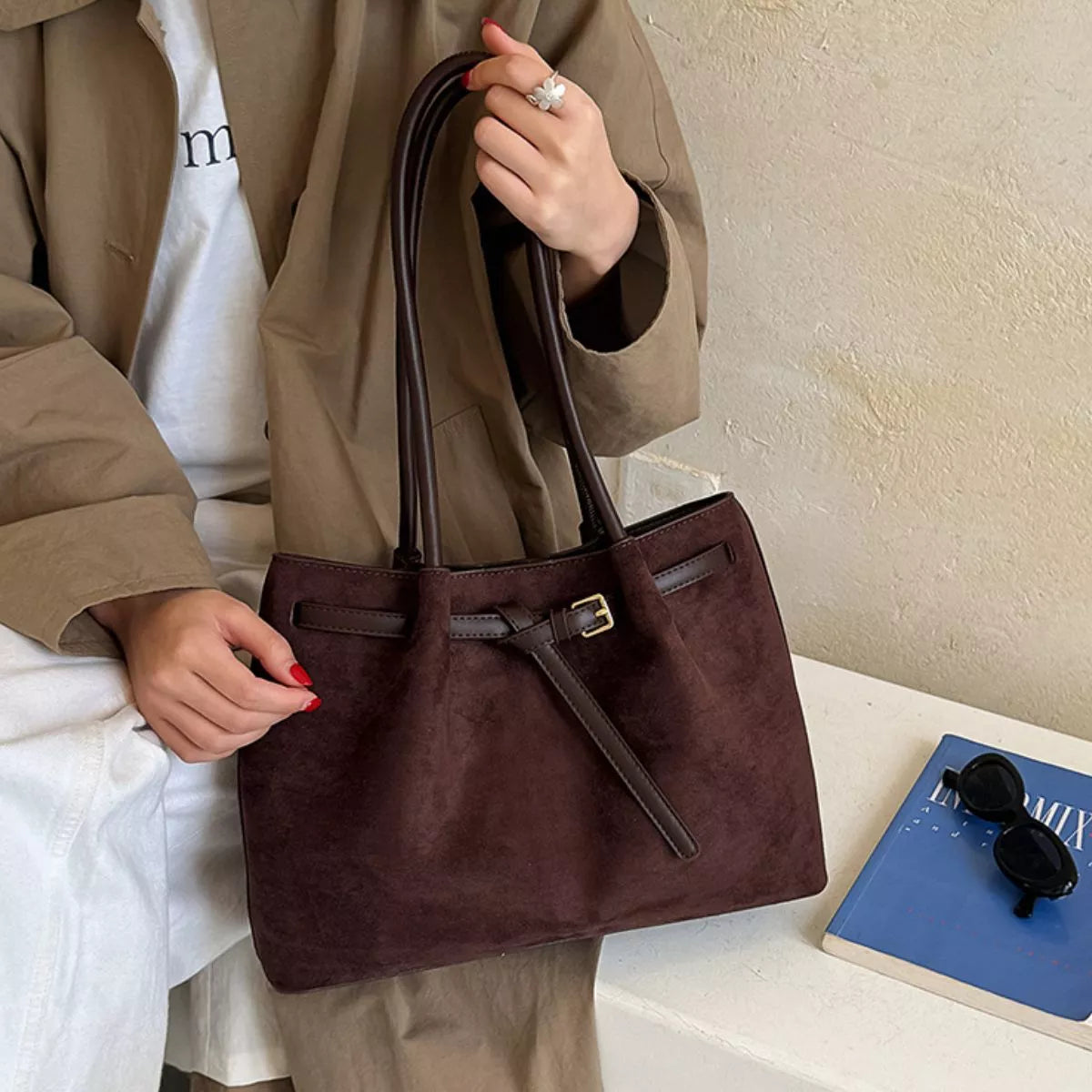 vintage suede shoulder bag – stylish sling | dropsona - neutral - everyday use