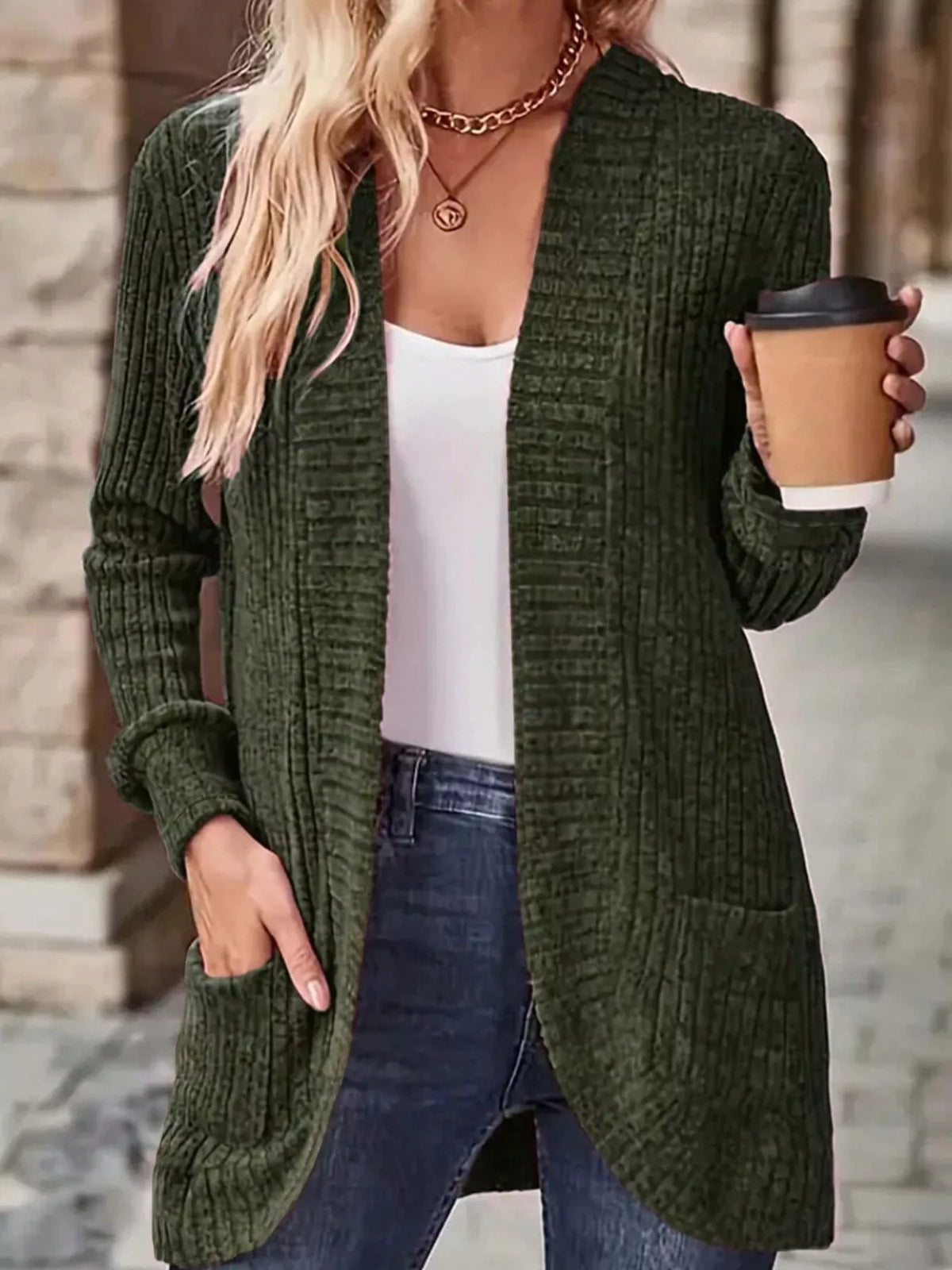 ribbed knit open front cardigan with pockets | dropsona - neutral - front view